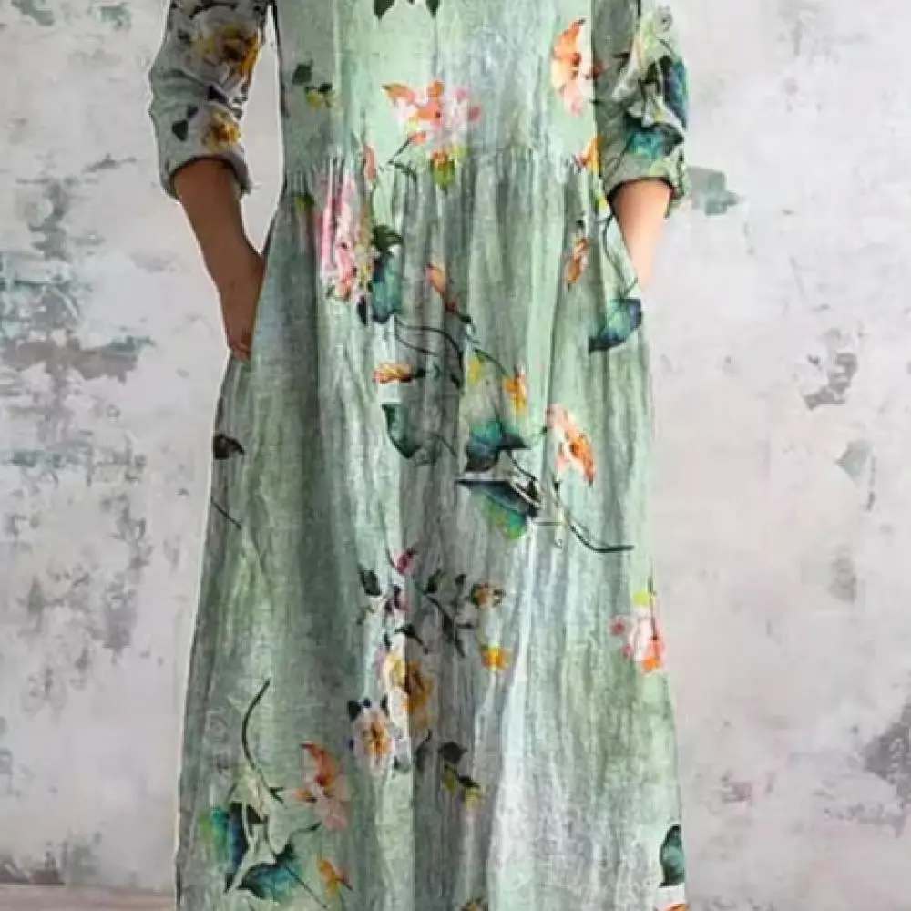 Fashionable Floral Print Dress Women V Neck Long Sleeve A Line Casual Loose Fit Elegant Comfortable Spring Streetwear