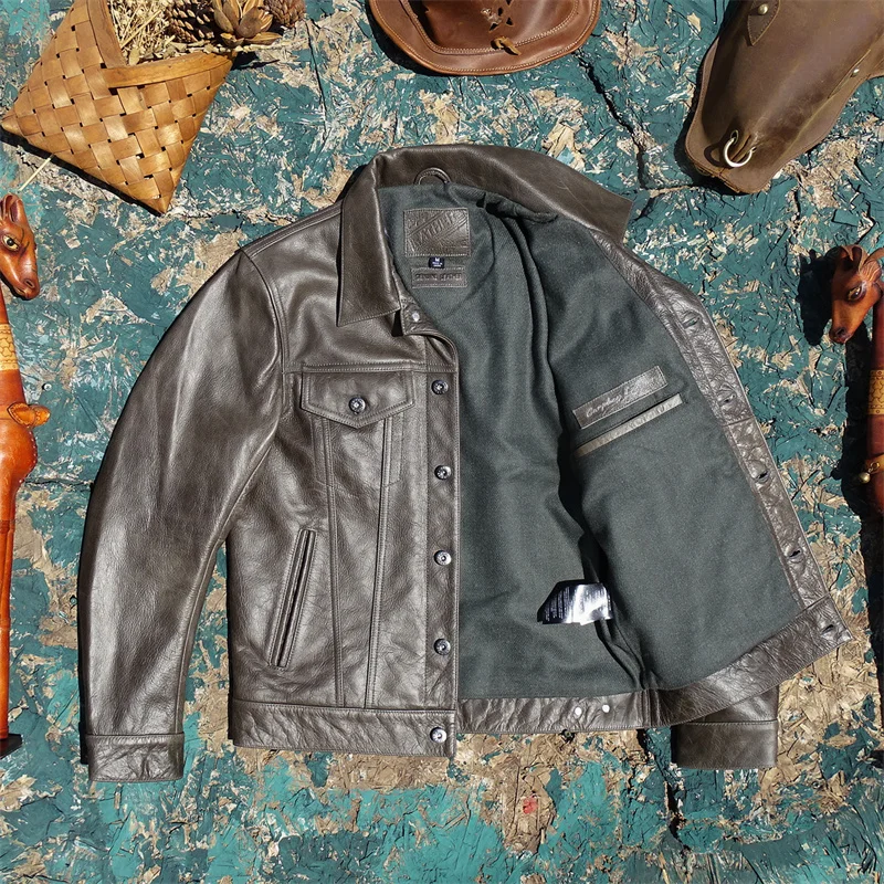 Brown Autumn Leather Jacket Men Vintage Style Plus Size 4XL Genuine Natural Cowhide Single Breasted Leather Coat