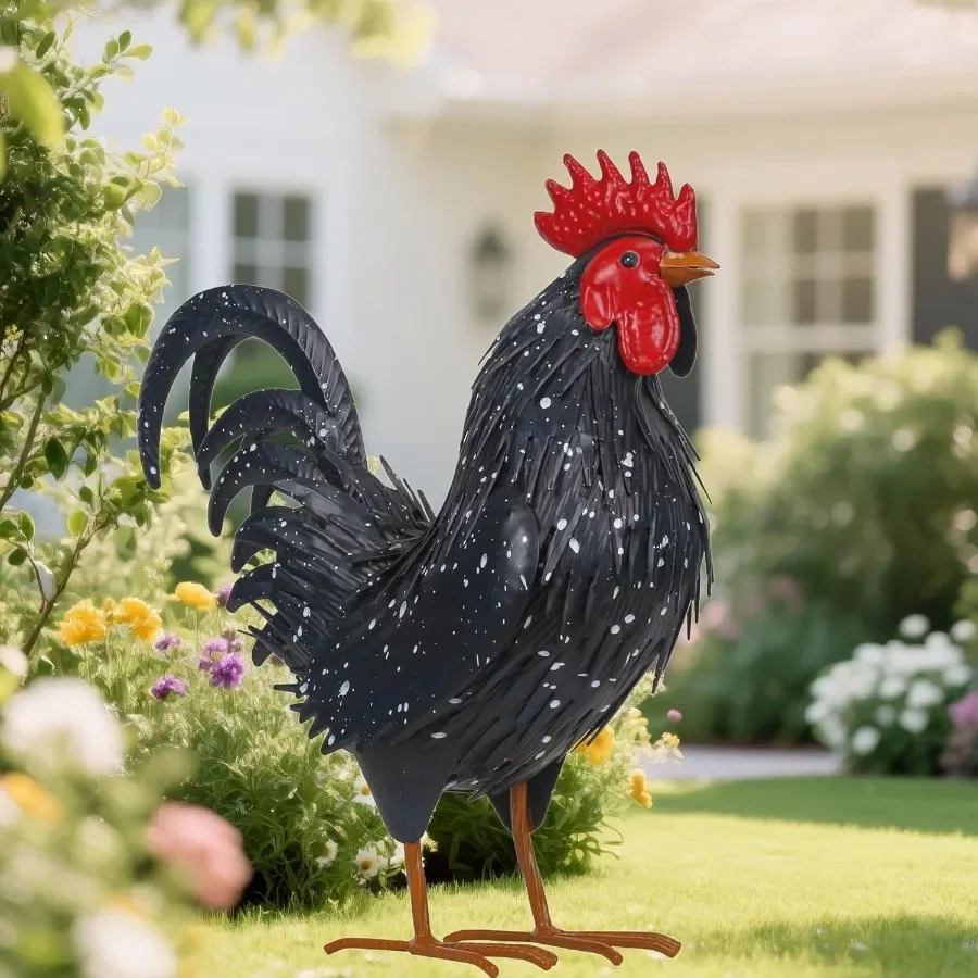 

Rooster Garden Statue Sculpture Metal Chicken Yard Decor Outdoor Figurines Patio Backyard Decoration Black
