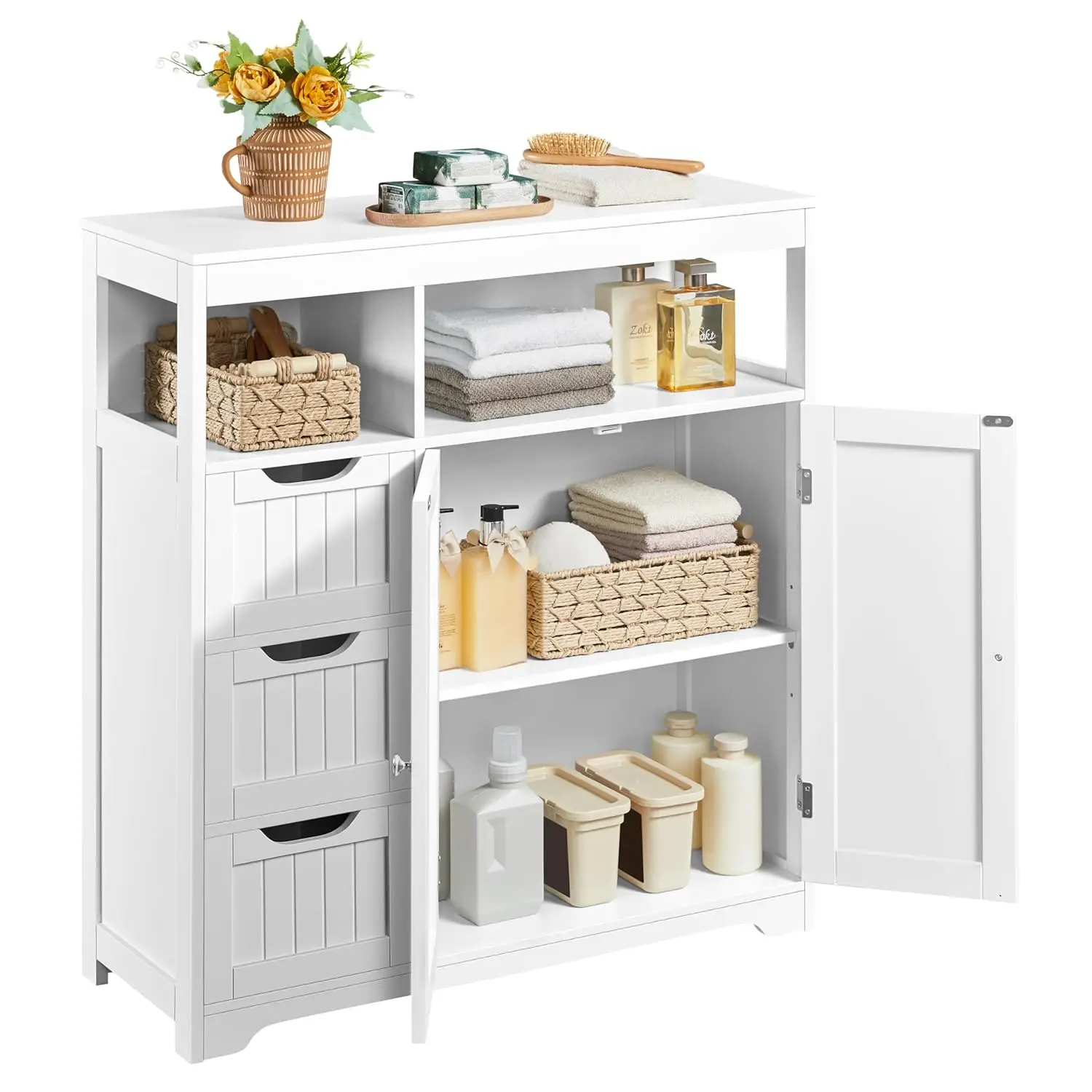 

Bathroom Floor Cabinet, Wooden Storage Organizer with 3 Drawers and 2 Open Shelves, Freestanding Storage Cabinet, Customized