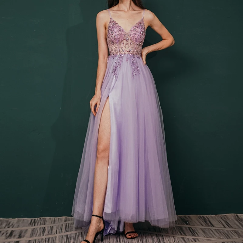 

Elegant Women Formal Wear V Neck Beading Applique A Line Tulle Sexy Front Split Prom Evening Dress Wedding Party Gown Vestidos