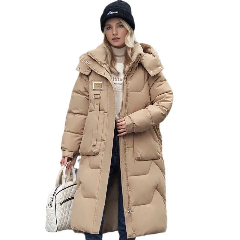 2024 Winter New Detachable Hat Women\'s Mid to Long Size Over Knee Thickened Down Cotton Jacket Women\'s Coat