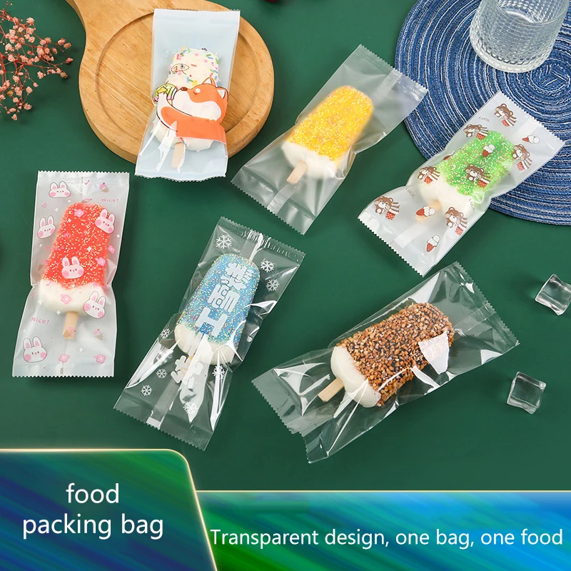 50pcs Food Grade Ice Cream Bags Disposable Plastic Popsicle Protective Cover Storage Cartoon Ice Popsicle Packing Bag DIY