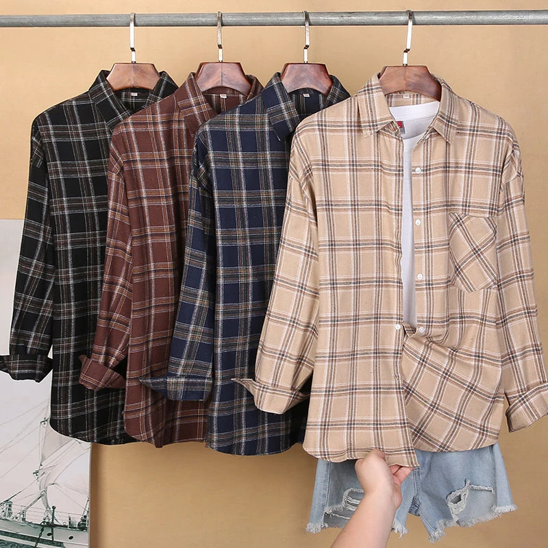 Frauen Herbst Langarm Oversize Shirts Vintage Plaid Button Up Hemd Koreanische Mode Casual Herbst Outwear Tops Blusas Mujer