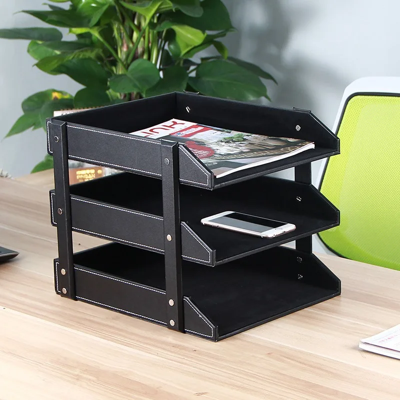 File Tray, Office Document Bill Finishing Rack, Three-layer Leather Desktop File Rack for Cross-border Products