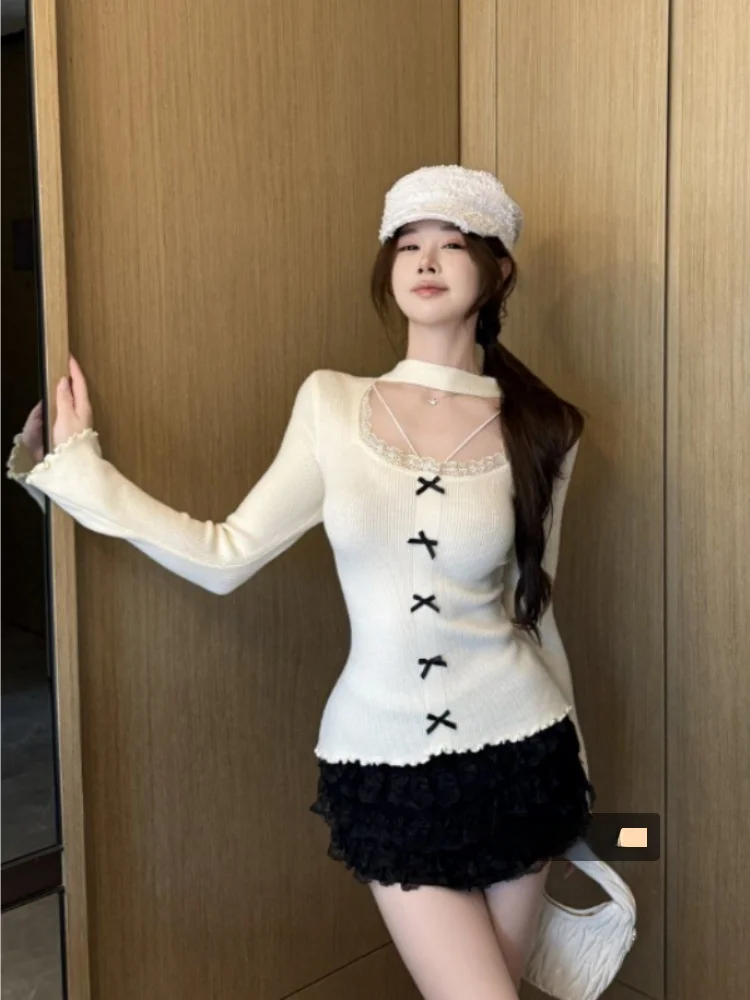 

Pure Desire Spicy Girl Lace Knot Hanging Ne Knitted Base irt Women Winter Inner Slim Beautiful Long Sve Top