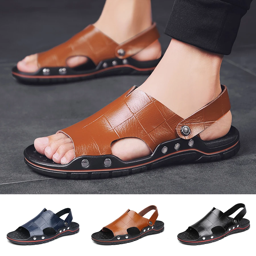 

Full Genuine Leather Brand Designer Men’s Fashion Summer Casual Beach for Men Sports Shoes Sandals Male Slippers Plus Size 38-48