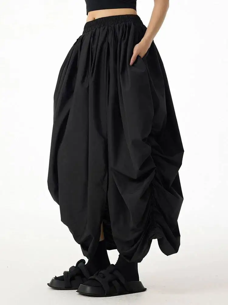 High Elastic Waist Black Pleated Irregular Casual A-line Half-body Skirt Women Fashion Tide New Spring Autumn