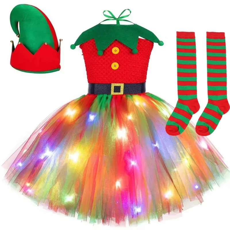 Glowing Christmas Fairy Dress for Girls, Kids' Tutu Outfit Set for New Year Parties, Sparkly Formal Gown for Christmas Parties