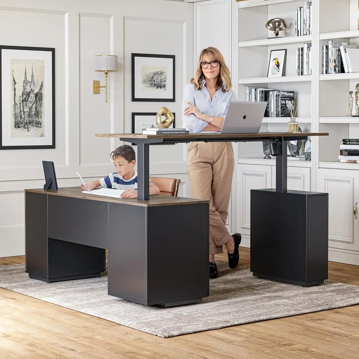 

63" L Shaped Executive Standing Desk with File Cabinet, Electric Height Adjustable, Black Walnut