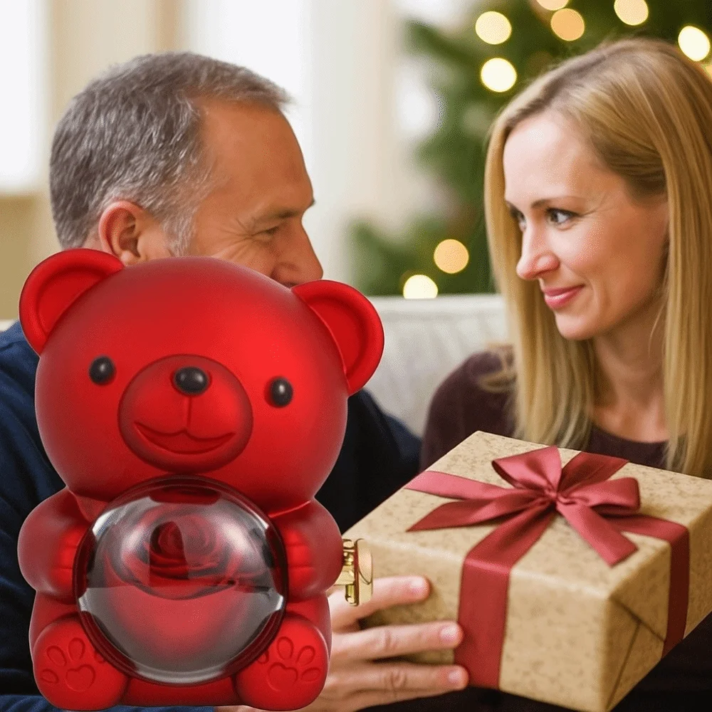 

Plastic Rotating Hugging Bear Jewelry Box Cute Jewelry Display Rose Bear Gifts Box Romantic with Soap Rose