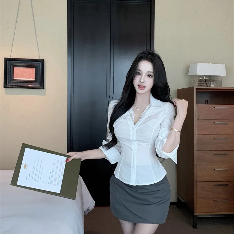 

Women's Lace Long Sve irt High Waist Slim Fit Skirt Set Faionable Busin Casual Autumn Winter Outfit Two Piece Set