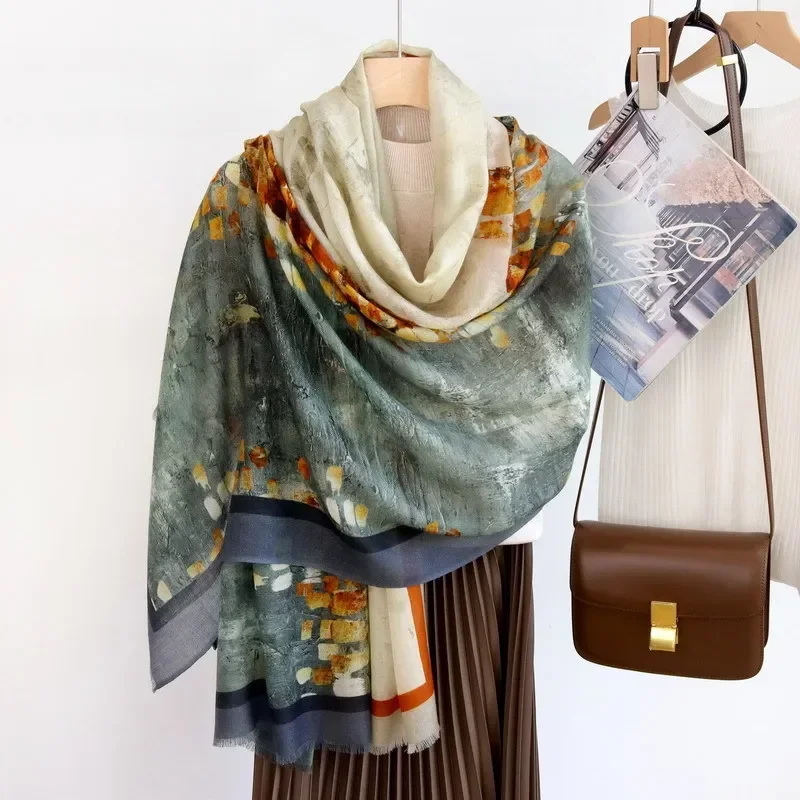 

High-end Elegant Women Exquisite Glory Years Oil Painting Print Quality Water Soluble Wool Handmade Fringe Soft Warm Long Scarf