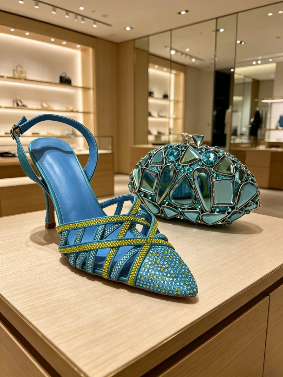Elegantes Tacones Azules con Pedrería y Conjunto de Bolso de Mano con Gemas a Juego, Zapatos de Noche para Mujer, Zapatos de Pasarela, Chaussures Femme Confortables