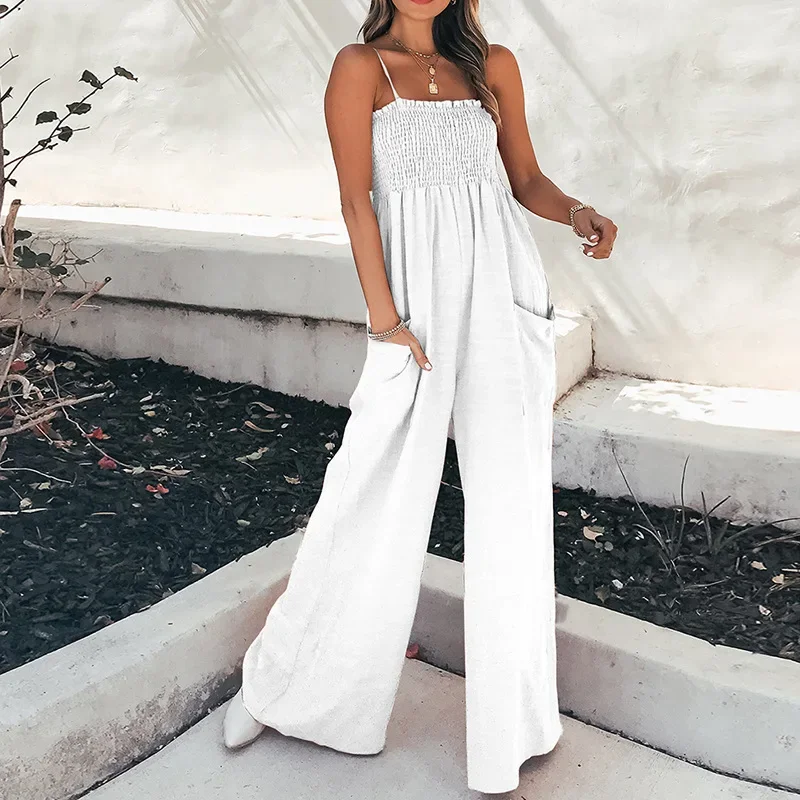 Jumpsuit Wanita Model Pullover Romper Pinggang Tinggi Tanpa Punggung Model Bungkus Dada Kasual Berkantong Celana Kaki Lebar Model Sambung Satu Potong