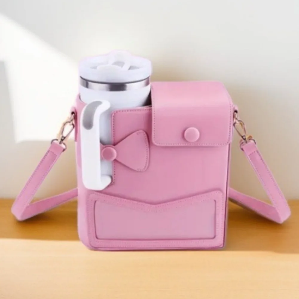 Crossbody Water Bottle Storage Bag PU Leather Large Capacity Travel Cup Holder Adjustable Shoulder Strap Cup Sleeve Pouch