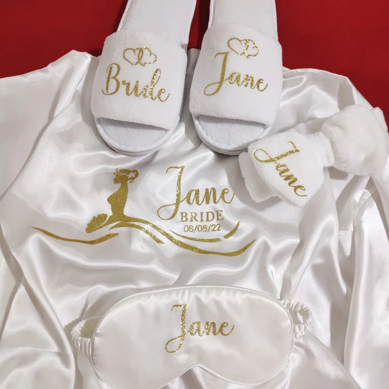 Customized Logo Wedding Bathrobe Faux Silk Bridal Robe Bride Bridesmaid Wedding Robes Woman Bachelorette Hen Party