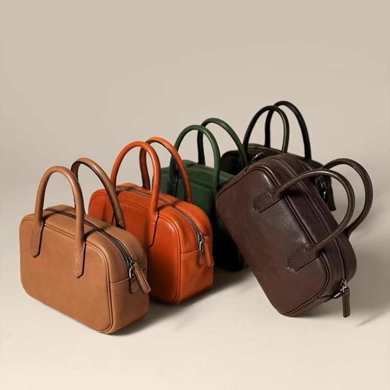 

QIUZHEN KuanKuan Bowling Bag Vegetable-Tanned Cowhide Vintage Commuter Shoulder Crossbody Tote Boston Bag for Women