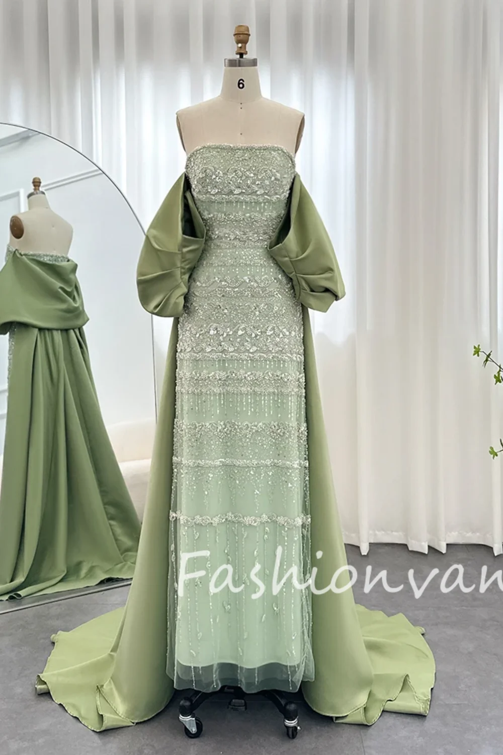 Fashionvane 2024 schede off-shoulder lange mouwen volledig pailletten kralen vloerlengte elegante galajurk met sleep