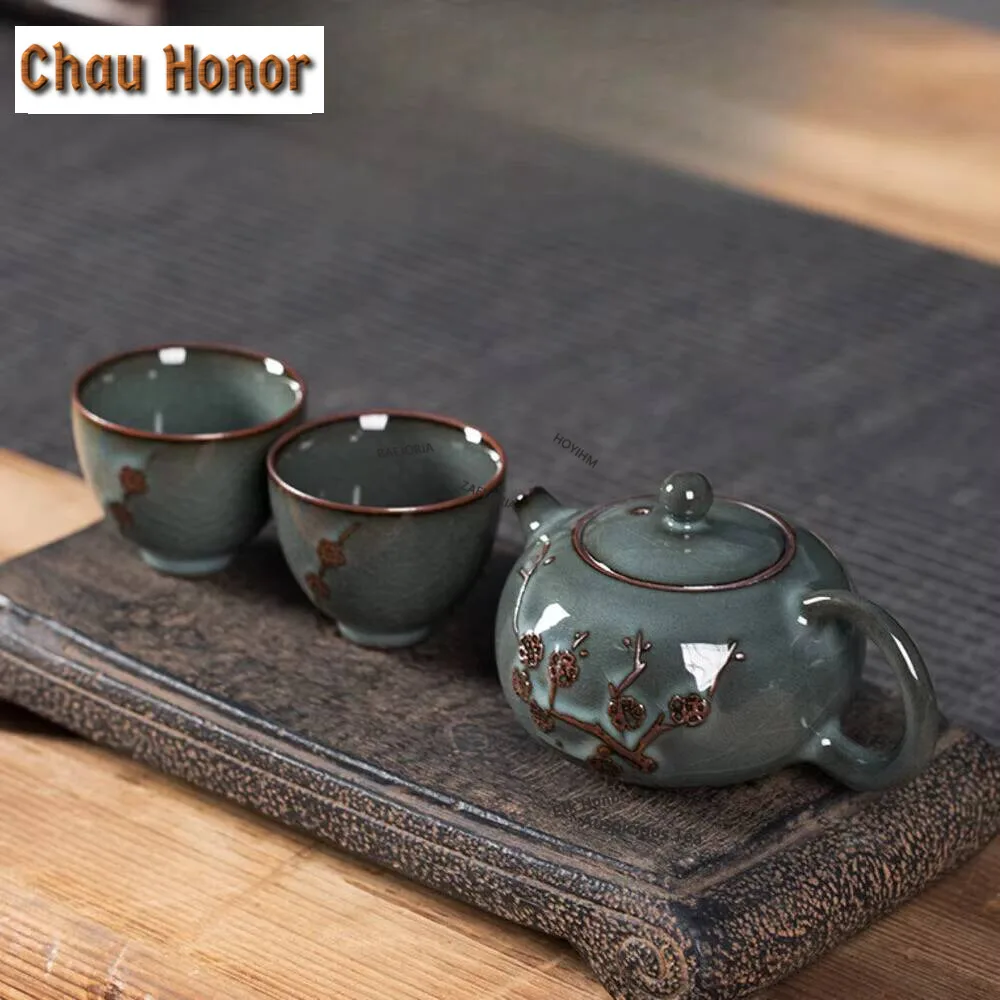 Creative Longquan Celadon Ge Kiln Ice Cracked Tea Set Complete Set  Tea Ceremony Set Teapot and Tea Cup Set Tableware Collection
