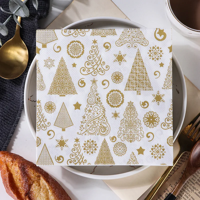 20Pcs Golden Christmas Tree Pattern Printed Napkins Party Tissue Paper Western Restaurant Bakery Suitable Exquisite Odorless