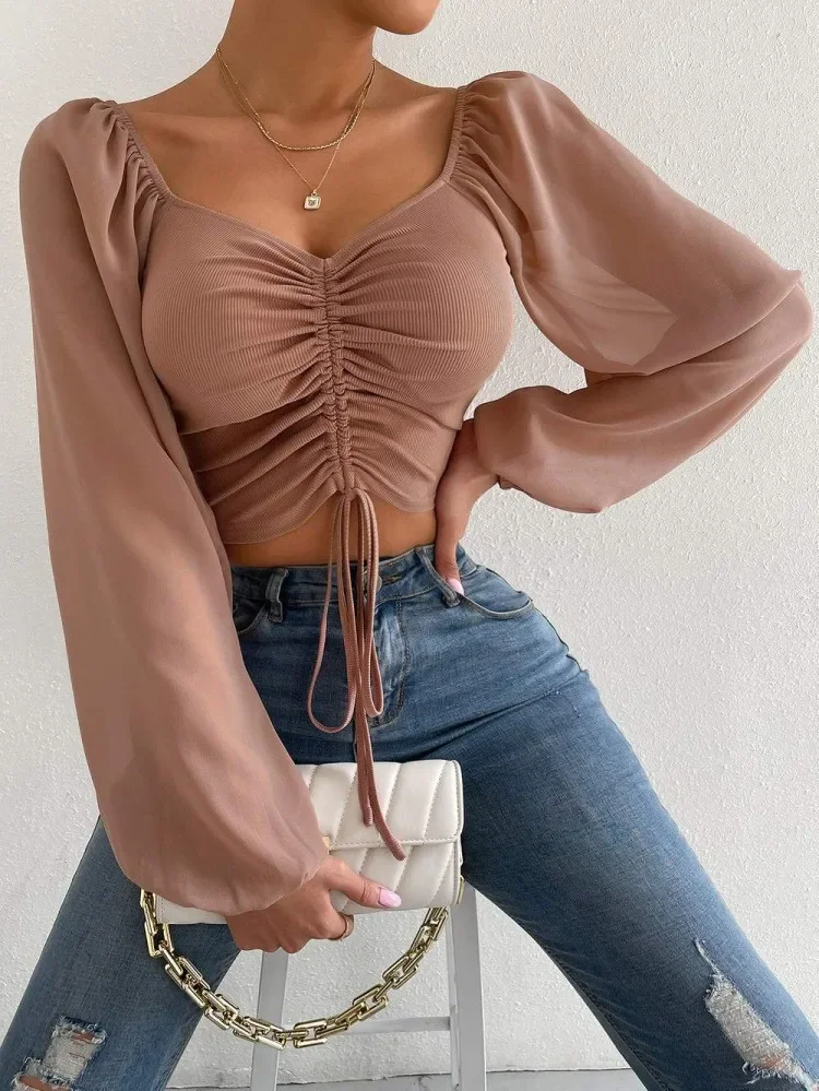 2023 Woman’s Tops Puff Sleeve Sexy Close-Fitting Summer and Spring Lace up V-neck Fashion Solid Color Simple Long Sleeve Hot