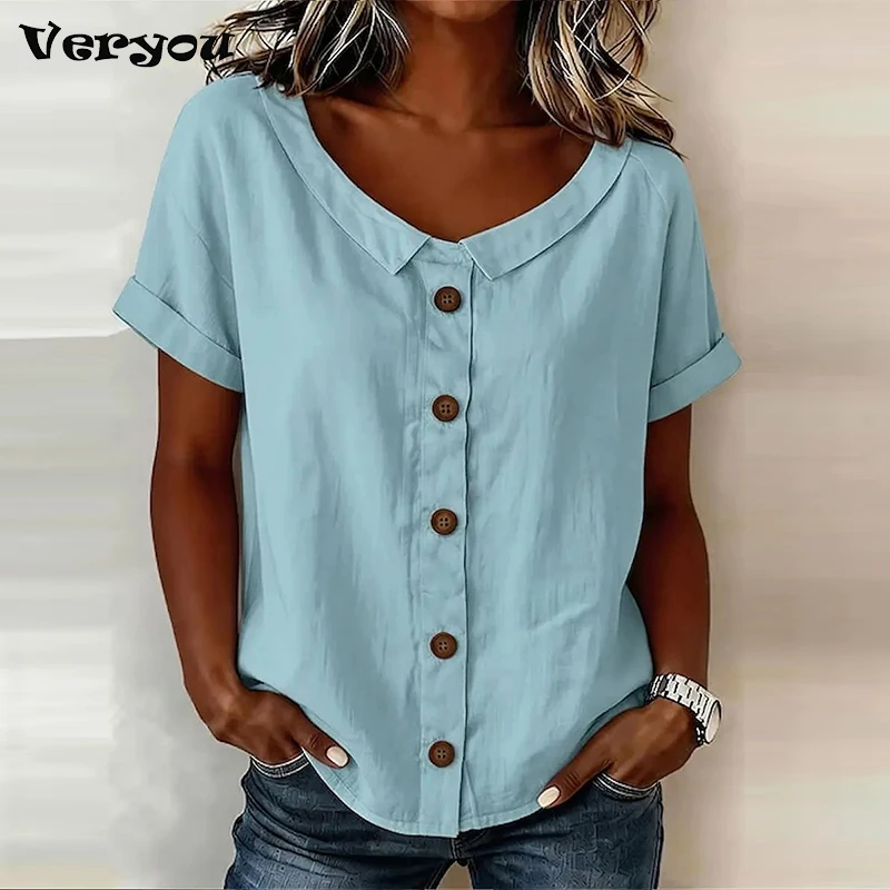 

Летняя женская повседневная блузка с коротким рукавом, элегантная свободная рубашка на пуговицах для женщин, с круглым вырезом, универсальный офисный топ