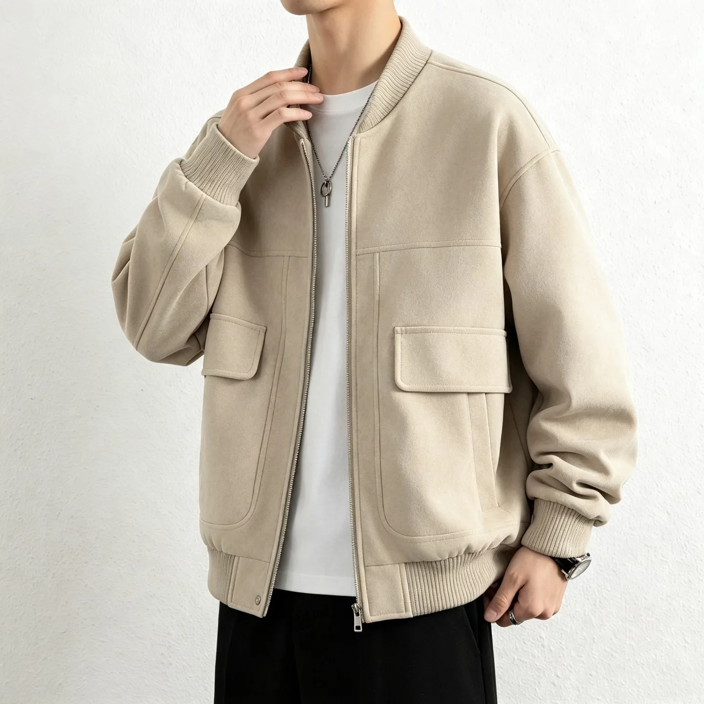 High-Quality Fashionable Autumn Winter Stand Collar Simple Suede Jacket with Multiple Pockets Casual Thickened Outerwear for You