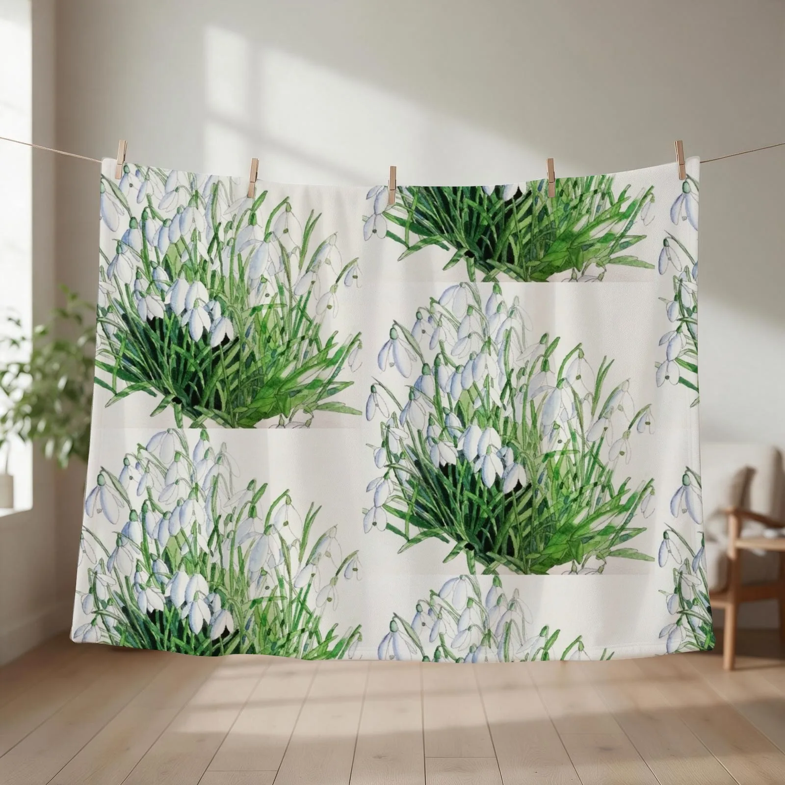 Snowdrops watercolour painting Throw Blanket couch cozy soft plush fuzzy picnic outdoor blanket
