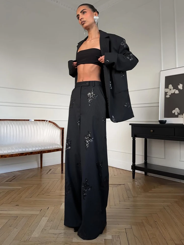 Women Fashion Sequinned Shirt Suit Elegant Lapel Long Sleeves Top Elastic Waist Pants 2pcs Set 2026 New Lady Street Spring Suits