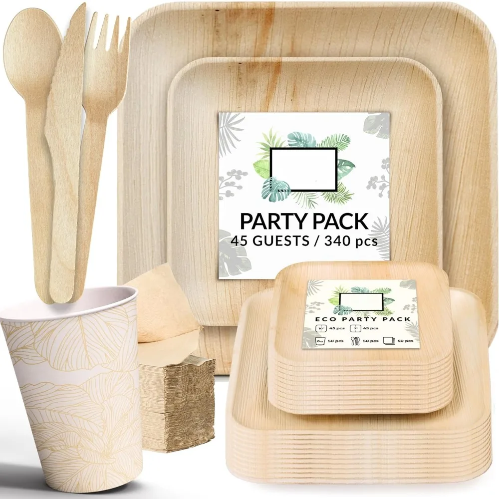 

Party Supplies Tableware 340 Pcs Bulk Pack for 45 Guests - 100% Biodegradable Palm Leaf Disposable Dinnerware Set