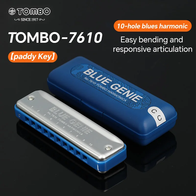 TOMBO 7610 Paddy 10 Hole Blues Harp Harmonica Diatonic Mouth Oragn Key of C with Grey Plastic Comb for Beginners, Adults