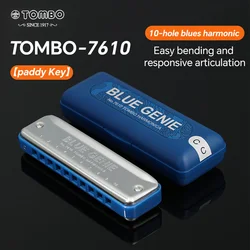 TOMBO 7610 Paddy 10 Hole Blues Harp Harmonica Diatonic Mouth Oragn Key of C with Grey Plastic Comb for Beginners, Adults