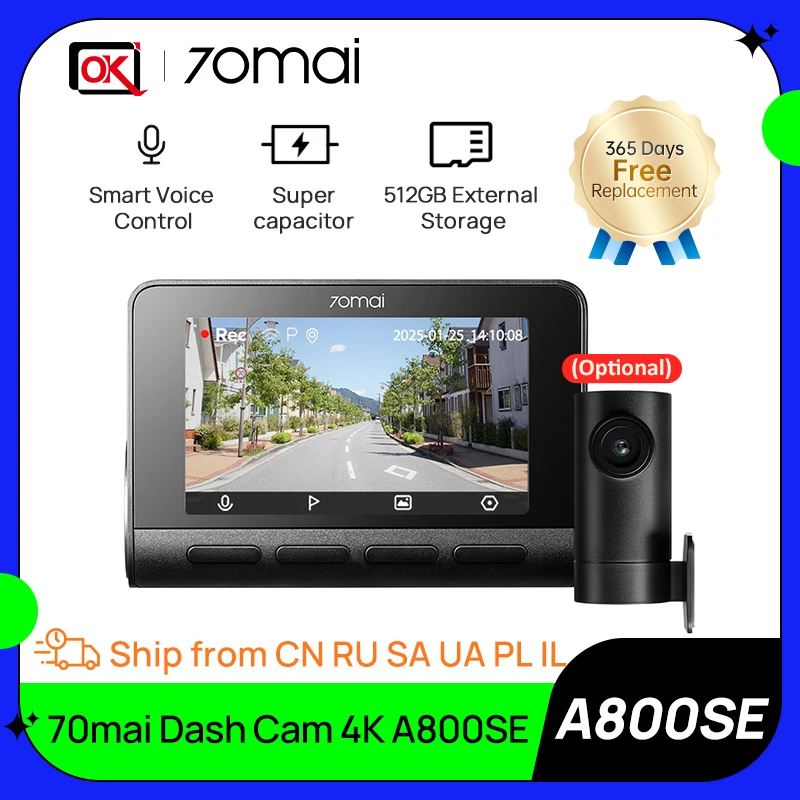 70mai 4K A800SE Видеорегистратор UHD 30 кадров в секунду Поддержка HDR Двухканальный 24-часовой парковочный HDR Суперконденсатор Wi-Fi 6 Голосовое управление A800SE