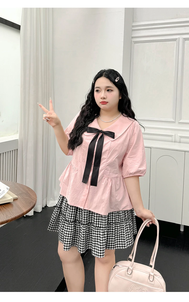 Large Size Sweet Bow Cute Peter Pan Collar College Pink Short Sleeve Shirt Girl 2025 Summer New Korean Age-reducing Lolita Top