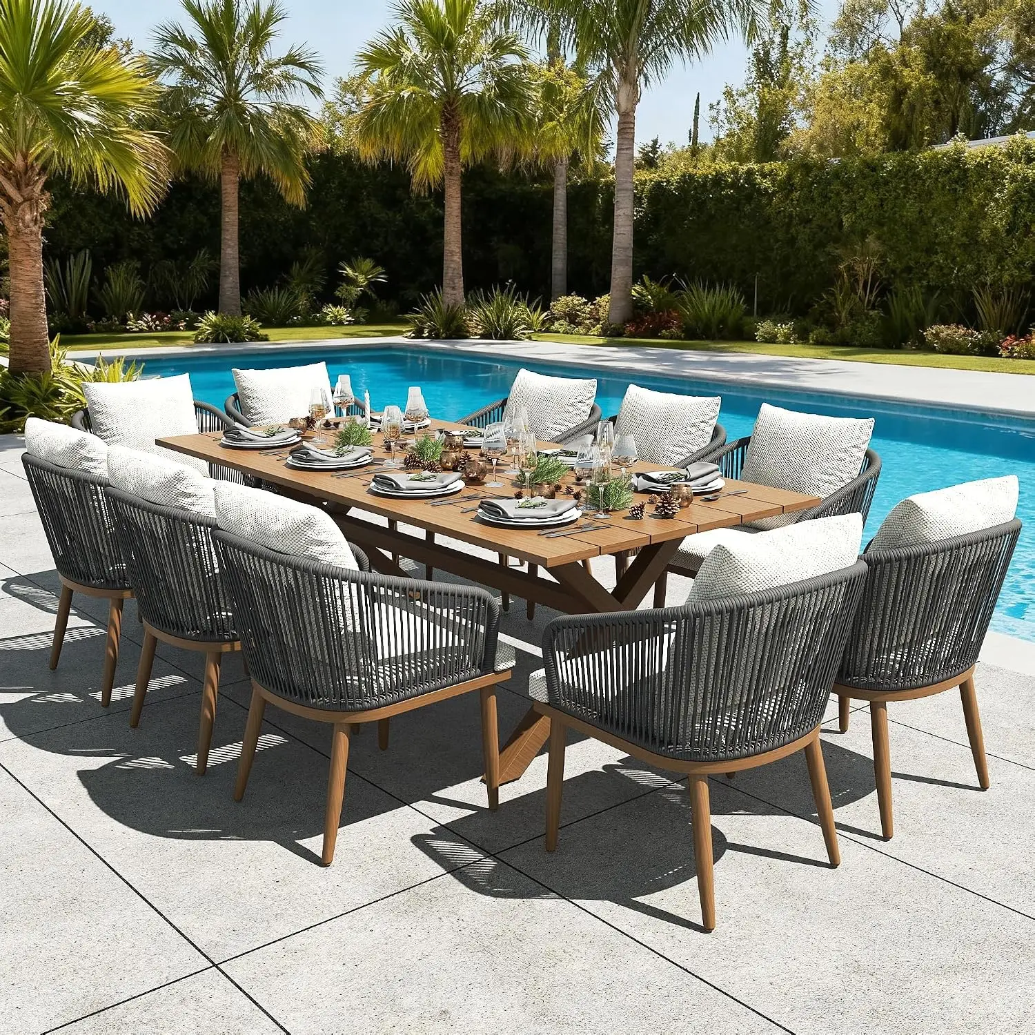 11 Pieces Outdoor Patio Dining Set, Aluminium Rectangular Dining Table and Wicker Rattan Chairs Set for Outside Backyard