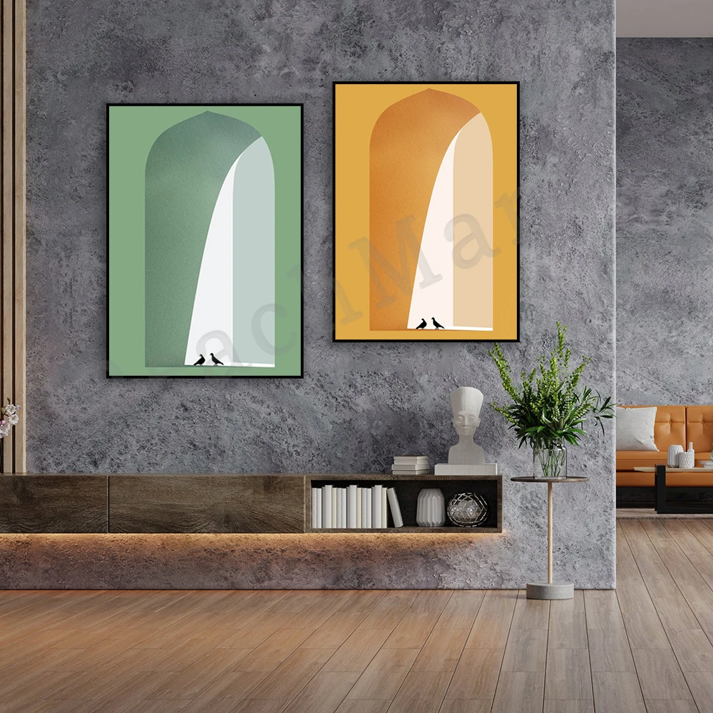 موراندي أخضر أصفر طباعة تجريدية قماش جدار الفن الحديث الحد الأدنى غرفة المعيشة جدار ديكور قوس وحمامة طباعة ملصق