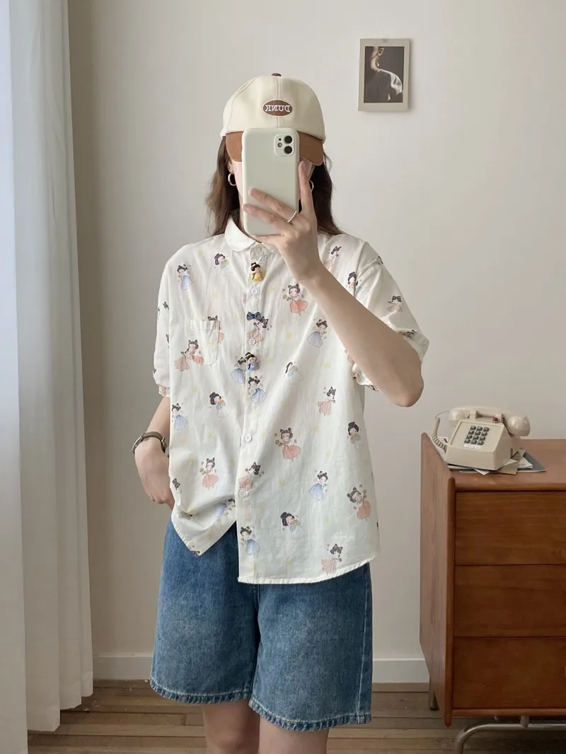 New Spring Cotton Loose Shirt Women Short Sleeve Pockets Cartton Printed Tops Mori Girl Sweet Casual Blouse 2024 Summer T45374QM