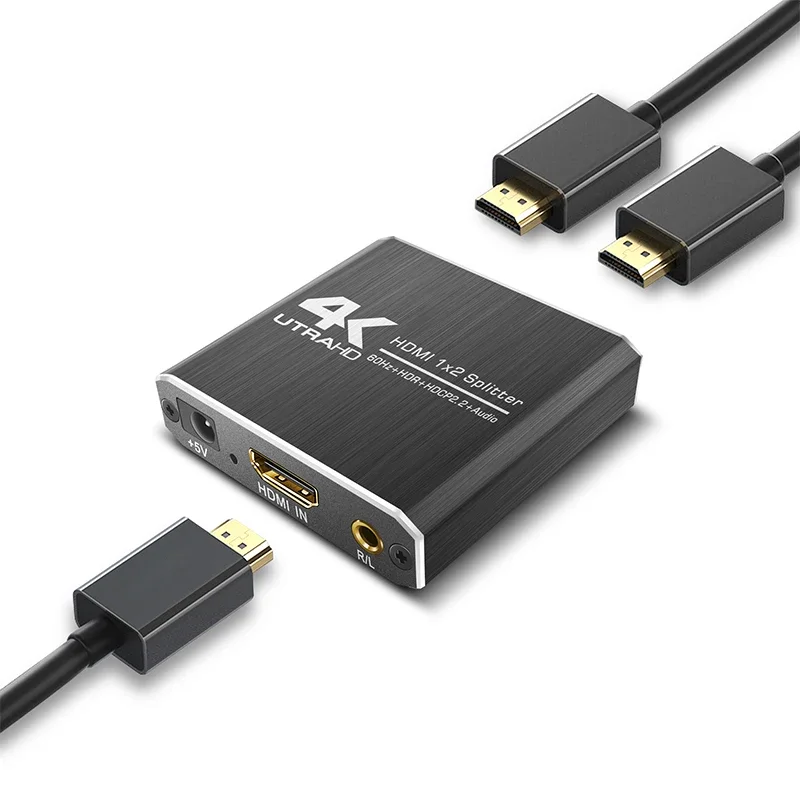 4K UTRA HD HDMI kompatibel 2.0 1X2 Splitter 1 in 2 Out kotak saklar Adaptor mendukung 4K/60Hz YUV4:4:4 HDR 2.2 dan Audio R/L Output