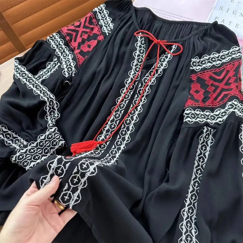 Babyoung casual o pescoço lanterna manga pesada colheita topo all-match vintage rendas até camisa bordado solto nova moda fresco blusas