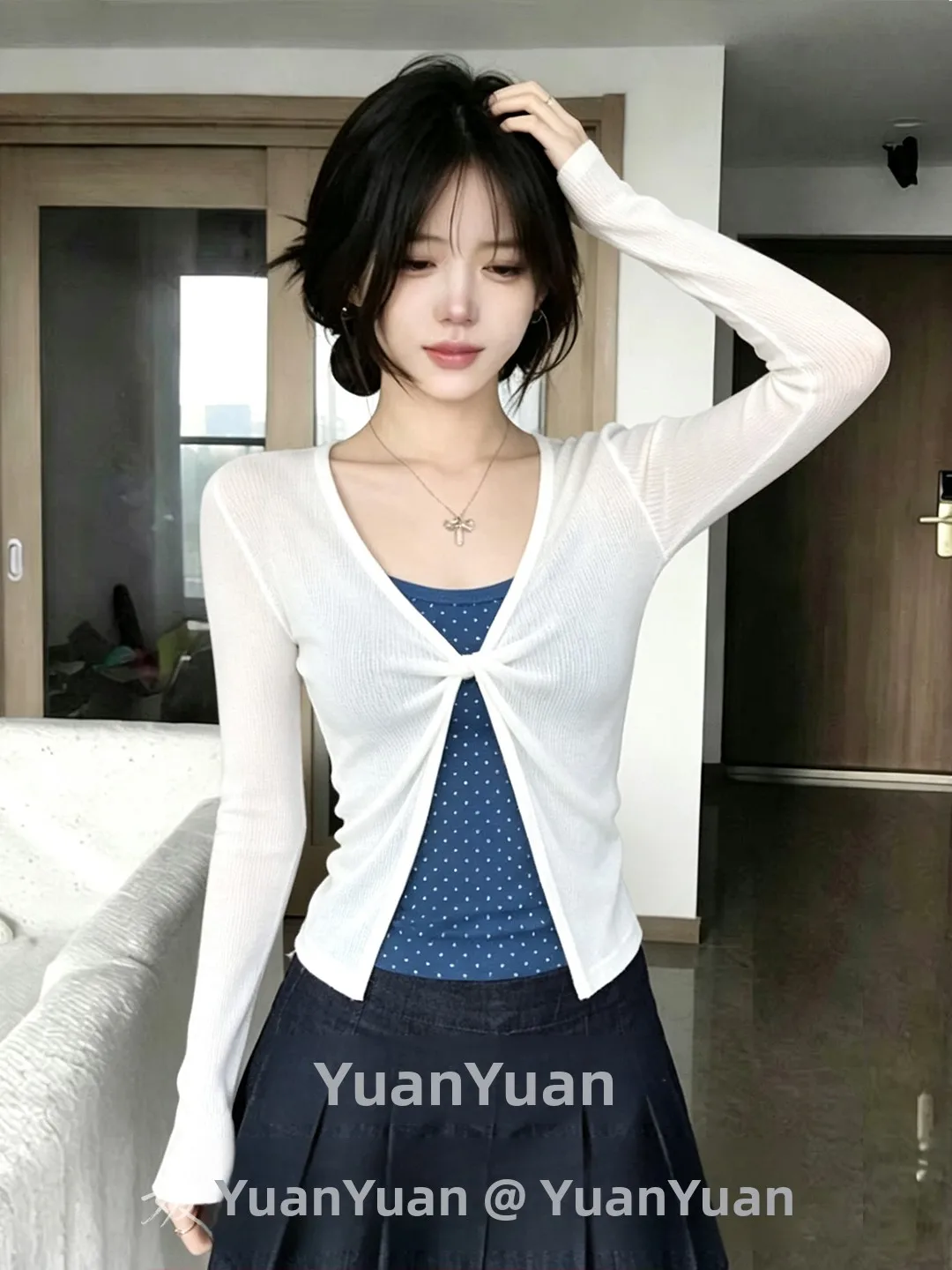 Korean Style V-Neck Knotted Long Sleeve Knitted Cardigan Women's Slim Fit Sun Protection Cover up Two-Piece Set Spring Autumn