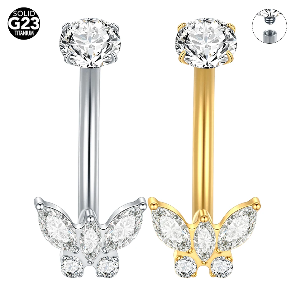 1Pc Titanium Zircon Butterfly Belly Button Ring Dance Piercing Internal Thread Navel Ring Women Body Piercing Jewelry