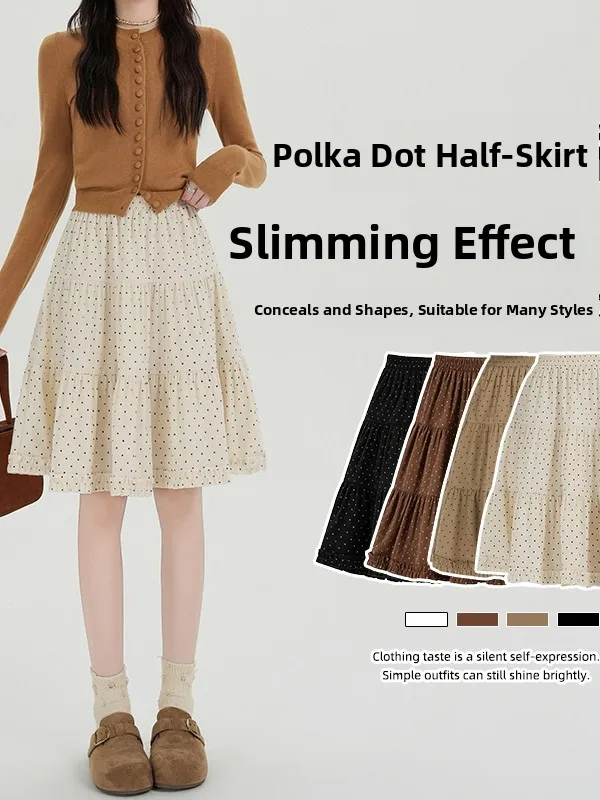 Retro Polka Dot Wood Grain  Splicing Cake Skirt Women's High Waist Slimming A-Line Midi Skirt for Autumn Winter