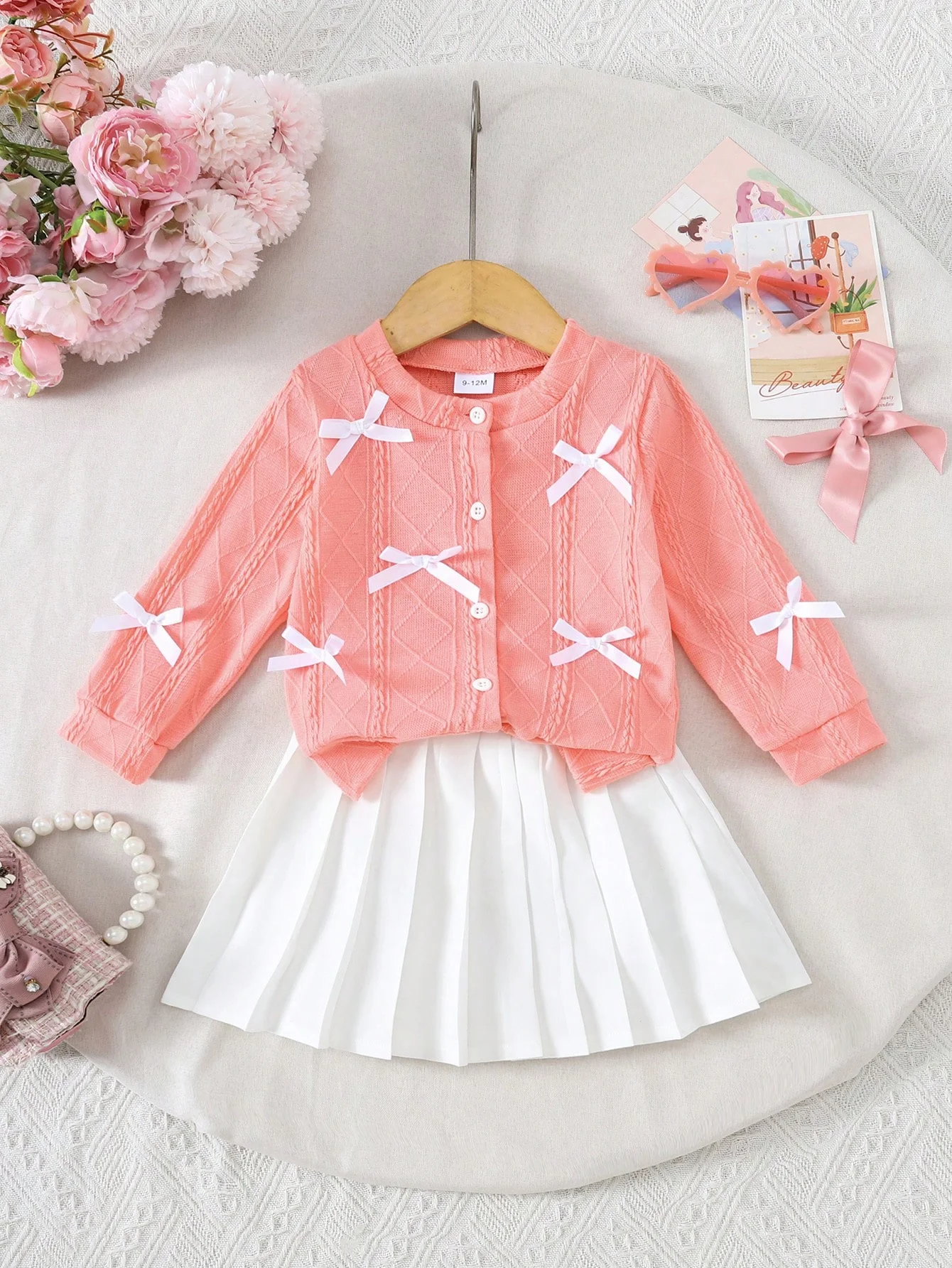 Toddler Baby Girl 6M-3Y 2Pcs Outfit Pink Bow Knit Cardigan White Pleated Skirt Spring Autumn Princess Clothes Set