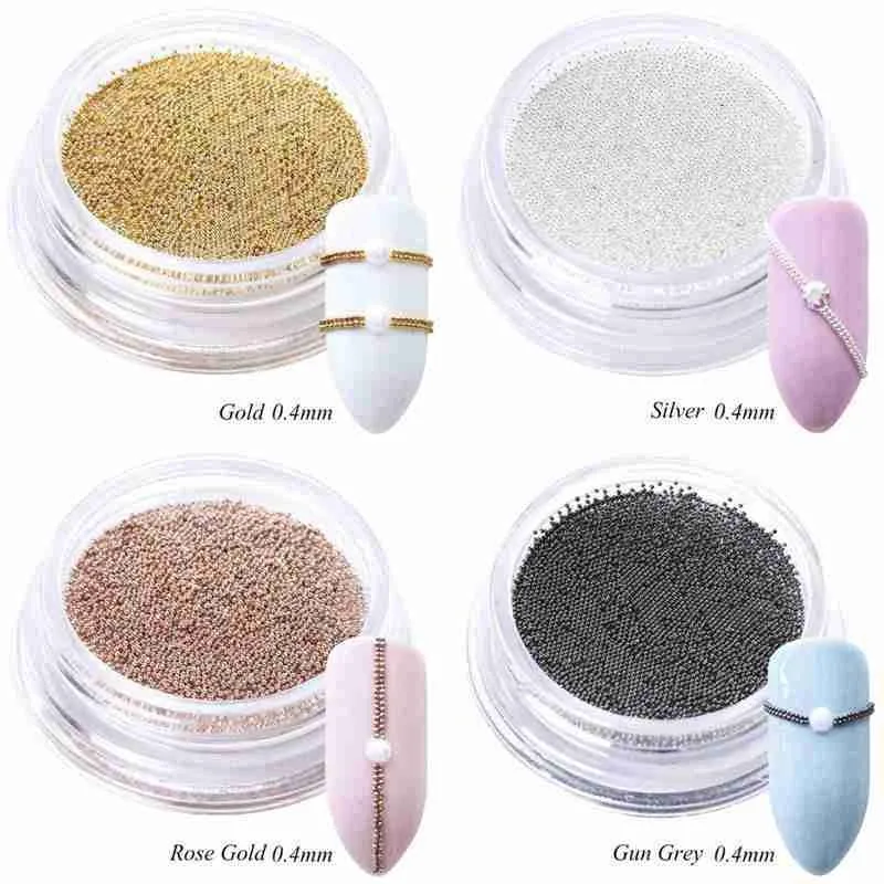 Microcuentas pequeñas de acero inoxidable de 0,4mm para decoración de uñas, cuentas de Caviar con tachuelas de Metal, accesorio plateado, dorado y gris