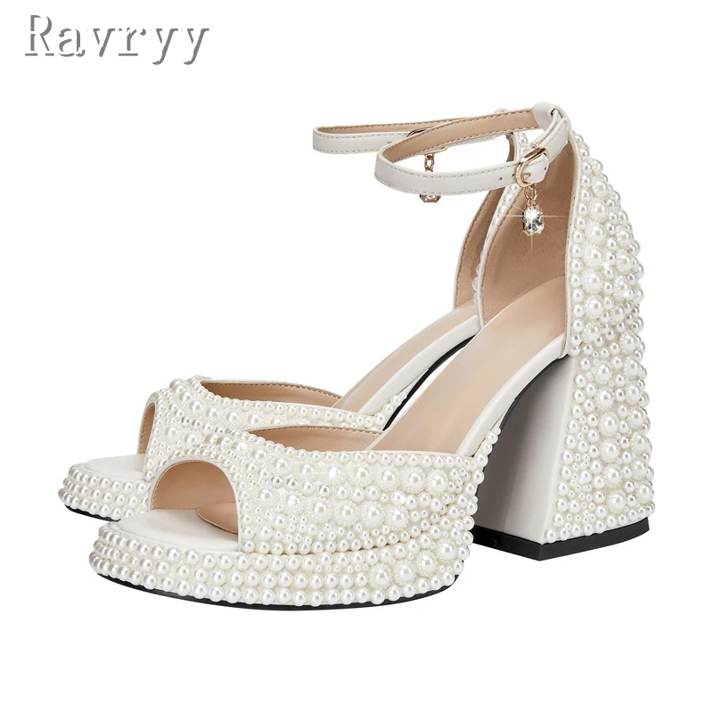 

Luxury Design Pearls Mary Jane Women's Shoes Platform Open Toe Thick High Heels Ankle Strap Sandals Ladies Wedding Shoes