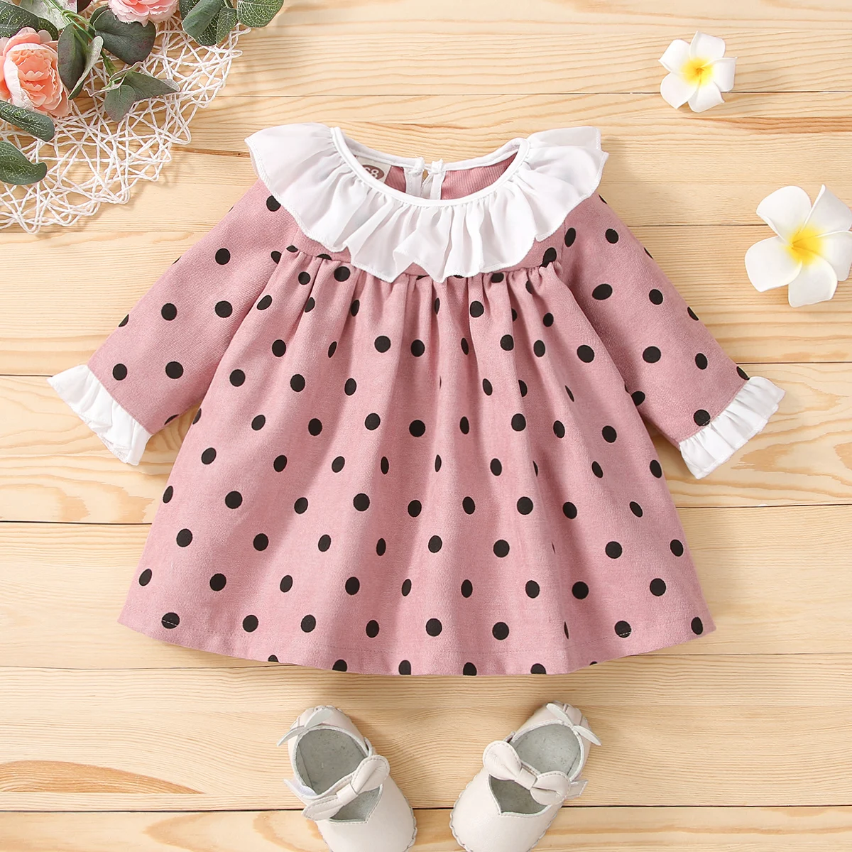 Baby Girl Long Sleeve Patchwork Lapel Skirt Polka Dot Full Print Dress Single Piece Fashionable Sweet Autumn Dress for Kids