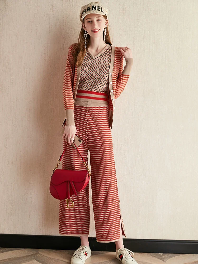 Knitted Crochet Ladies Trouser Spring Autumn Wide Leg Stripe Women's Pants Two Piece Set Sweater Top and Bottom Chic Elegant Xxl