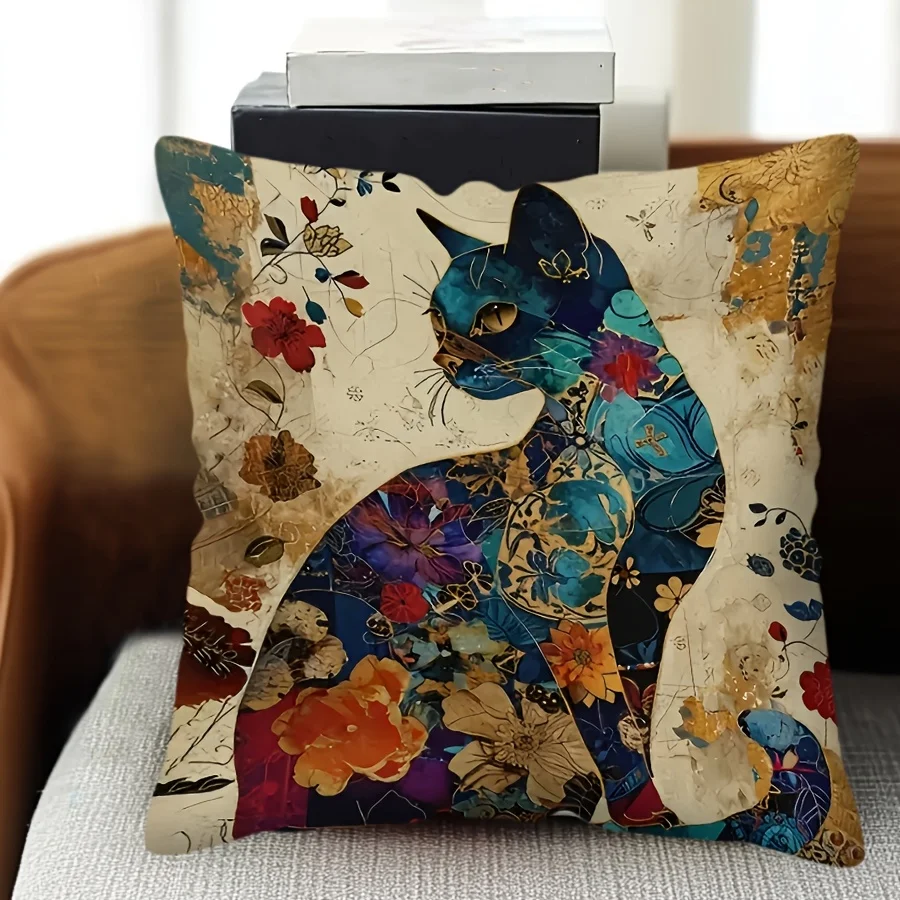 Doppelseitiger Boho Blumen-Katzen-Kissenbezug Vintage Abstrakte Kunst Katzen-Druck Weicher Zierkissenbezug für Katzenliebhaber Wohndekor Geschenk
