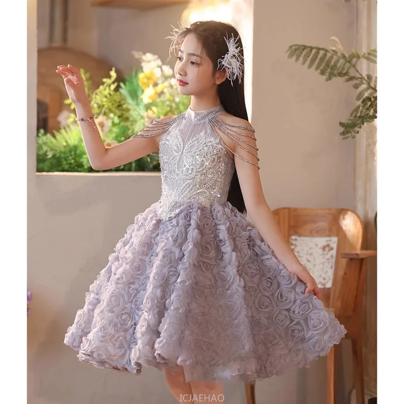2025 Girls Princess Dress Birthday Party Pageant Gown Kids Piano Recital Flower Short Dress Kids Formal Outfit Summer Costume